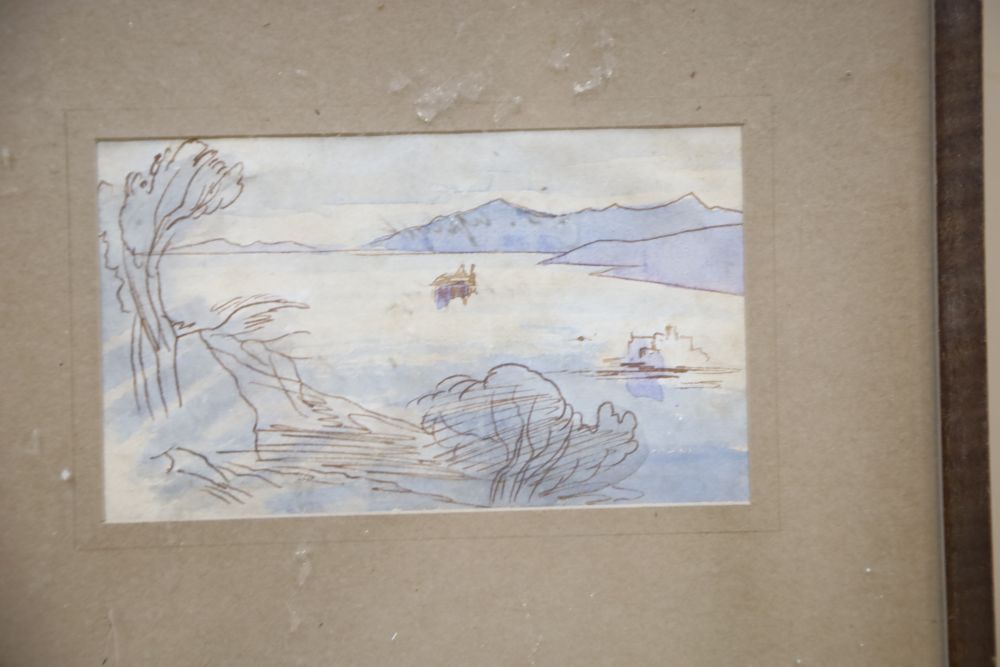 Attributed to Francis Towne (1739-1816), ink and watercolour, Eastern mediterranean landscape, 7 x 12.5cm and a sketch of a whale at Wi